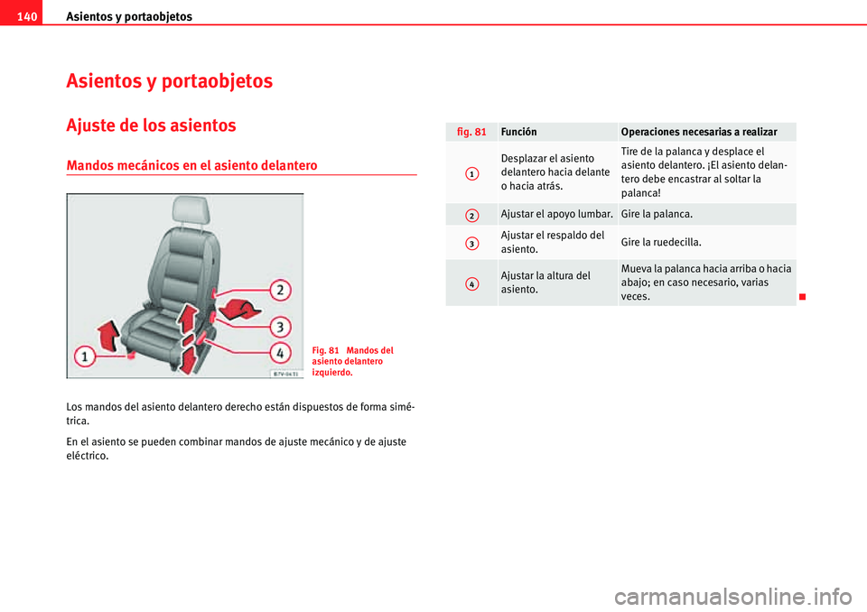 Seat Alhambra 2010  Manual del propietario (in Spanish) Asientos y portaobjetos 140
Asientos y portaobjetos
Ajuste de los asientos
Mandos mecánicos en el asiento delantero
Los mandos del asiento delantero derecho están dispuestos de forma simé-
trica.
E