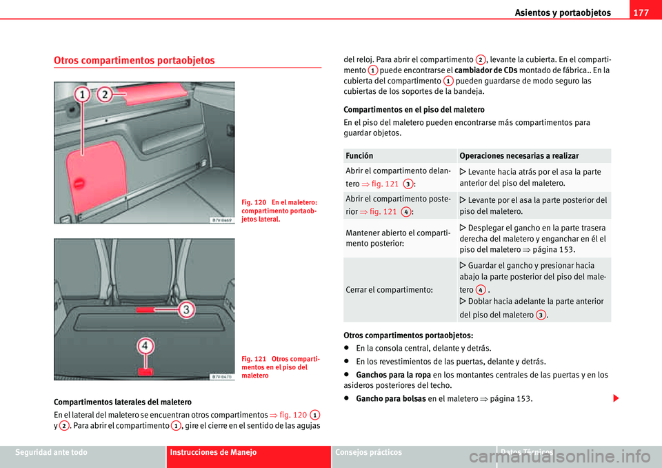 Seat Alhambra 2010  Manual del propietario (in Spanish) Asientos y portaobjetos177
Seguridad ante todoInstrucciones de ManejoConsejos prácticosDatos Técnicos
Otros compartimentos portaobjetos
Compartimentos laterales del maletero
En el lateral del malete