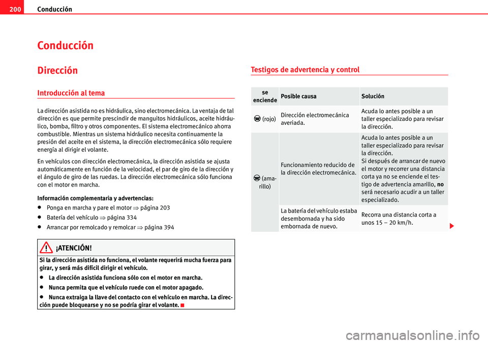 Seat Alhambra 2010 Manual del propietario (in Spanish) Conducción 200
Conducción
Dirección
Introducción al tema
La dirección asistida no es hidráulica, sino electromecánica. La ventaja de tal
dirección es que permite prescindir de manguitos hidr Seat Alhambra 2010 Manual del propietario (in Spanish) Conducción 200
Conducción
Dirección
Introducción al tema
La dirección asistida no es hidráulica, sino electromecánica. La ventaja de tal
dirección es que permite prescindir de manguitos hidr
