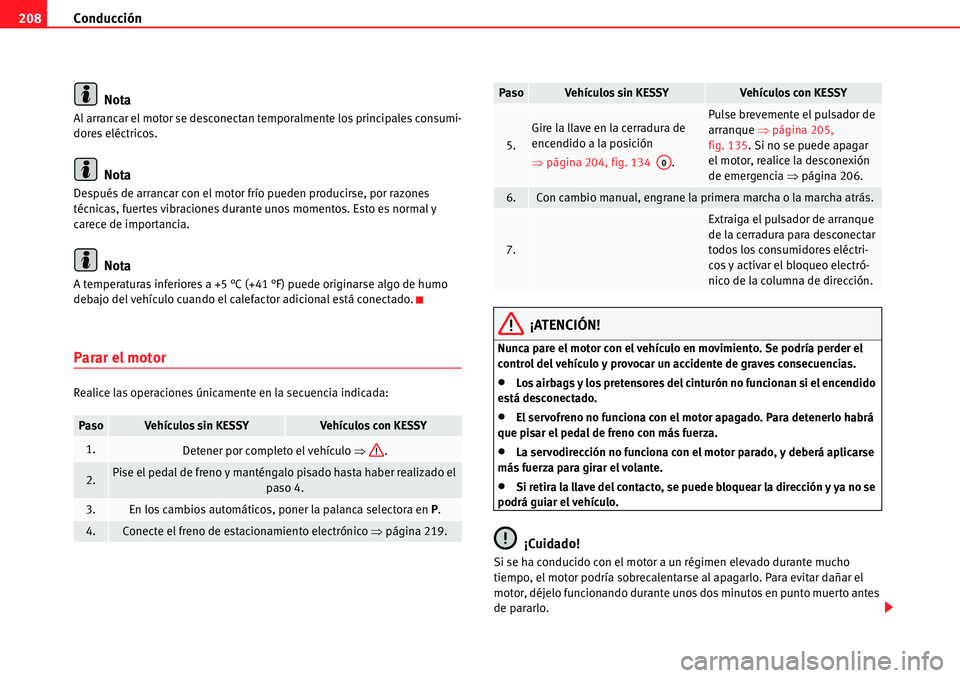 Seat Alhambra 2010  Manual del propietario (in Spanish) Conducción 208
Nota
Al arrancar el motor se desconectan temporalmente los principales consumi-
dores eléctricos.
Nota
Después de arrancar con el motor frío pueden producirse, por razones 
técnica