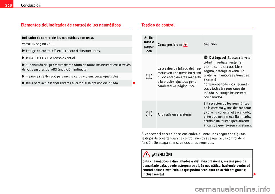 Seat Alhambra 2010  Manual del propietario (in Spanish) Conducción 258
Elementos del indicador de control de los neumáticosTestigo de control
Al conectar el encendido se encienden durante unos segundos algunos 
testigos de advertencia y de control mientr