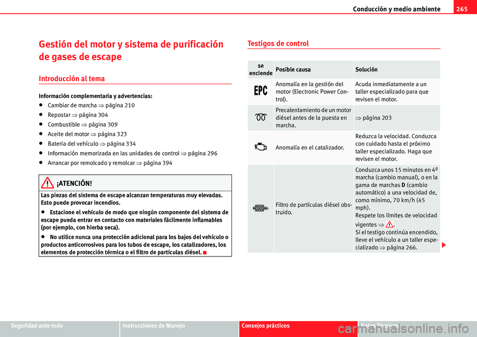 Seat Alhambra 2010 Manual del propietario (in Spanish) Conducción y medio ambiente265
Seguridad ante todoInstrucciones de ManejoConsejos prácticosDatos Técnicos
Gestión del motor y sistema de purificación
de gases de escape
Introducción al tema
Inf Seat Alhambra 2010 Manual del propietario (in Spanish) Conducción y medio ambiente265
Seguridad ante todoInstrucciones de ManejoConsejos prácticosDatos Técnicos
Gestión del motor y sistema de purificación
de gases de escape
Introducción al tema
Inf
