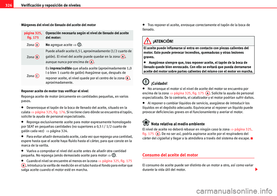 Seat Alhambra 2010  Manual del propietario (in Spanish) Verificación y reposición de niveles 326
Márgenes del nivel de llenado del aceite del motor
Reponer aceite de motor tras verificar el nivel
Reponga aceite de motor únicamente en cantidades pequeñ