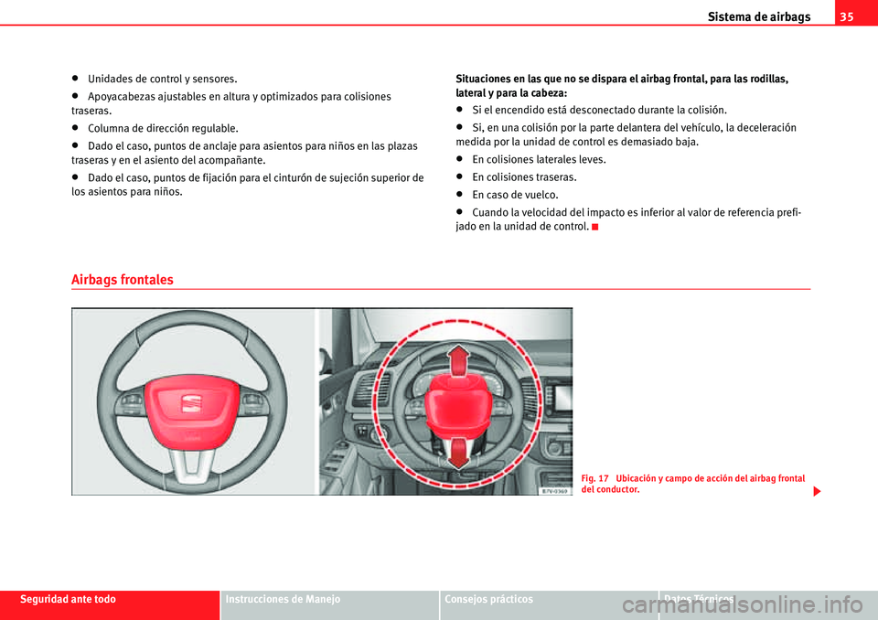 Seat Alhambra 2010  Manual del propietario (in Spanish) Sistema de airbags35
Seguridad ante todoInstrucciones de ManejoConsejos prácticosDatos Técnicos
�xUnidades de control y sensores.
�xApoyacabezas ajustables en altura y optimizados para colisiones 
t