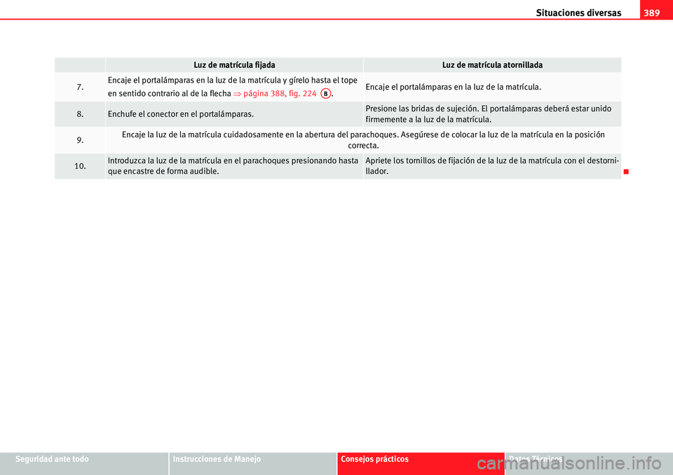 Seat Alhambra 2010  Manual del propietario (in Spanish) Situaciones diversas389
Seguridad ante todoInstrucciones de ManejoConsejos prácticosDatos Técnicos
7.Encaje el portalámparas en la luz de la matrícula y gírelo hasta el tope 
en sentido contrario