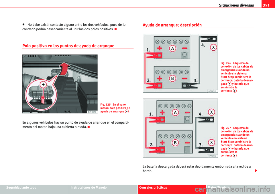 Seat Alhambra 2010  Manual del propietario (in Spanish) Situaciones diversas391
Seguridad ante todoInstrucciones de ManejoConsejos prácticosDatos Técnicos
�xNo debe existir contacto alguno entre los dos vehículos, pues de lo 
contrario podría pasar cor