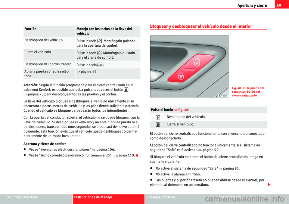 Seat Alhambra 2010  Manual del propietario (in Spanish) Apertura y cierre89
Seguridad ante todoInstrucciones de ManejoConsejos prácticosDatos Técnicos Atención: Según la función programada para el cierre centralizado en el 
submenúConfort, es posible