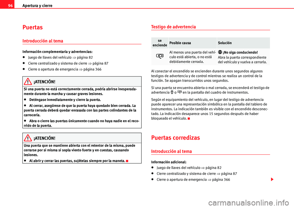 Seat Alhambra 2010  Manual del propietario (in Spanish) Apertura y cierre 96
Puertas
Introducción al tema
Información complementaria y advertencias:
�xJuego de llaves del vehículo �Ÿpágina 82
�xCierre centralizado y sistema de cierre �Ÿpágina 87
�xC