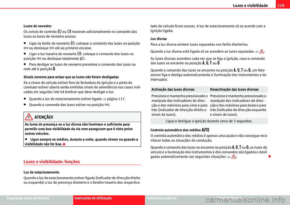 Seat Alhambra 2010  Manual do proprietário (in Portuguese)  Luzes e visibilidade119
Segurança como prioridadeInstruções de UtilizaçãoConselhos práticosDados Técnicos Luzes de nevoeiro
Os avisos de controlo 
�	 ou �
 mostram adicionalmente no comando das