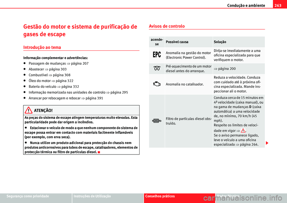 Seat Alhambra 2010  Manual do proprietário (in Portuguese)  Condução e ambiente263
Segurança como prioridadeInstruções de UtilizaçãoConselhos práticosDados Técnicos
Gestão do motor e sistema de purificação de 
gases de escape
Introdução ao tema
I