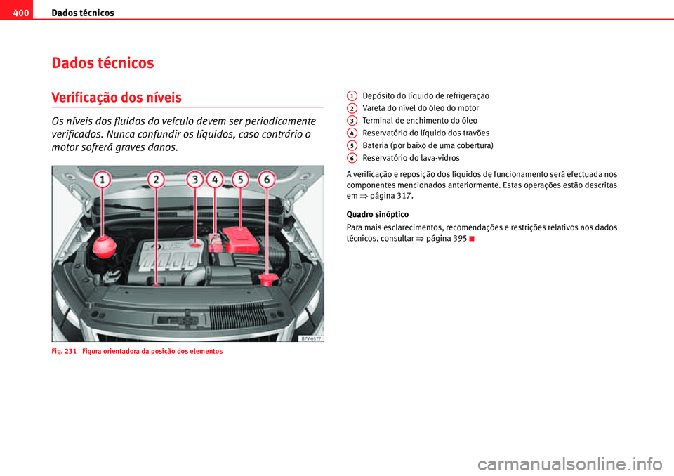 Seat Alhambra 2010  Manual do proprietário (in Portuguese)  Dados técnicos 400
Dados técnicos
Verificação dos níveis
Os níveis dos fluidos do veículo devem ser periodicamente 
verificados. Nunca confundir os líquidos, caso contrário o 
motor sofrerá 