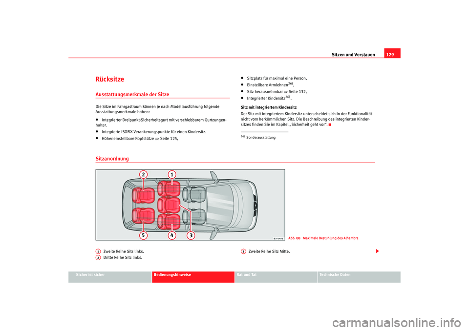 Seat Alhambra 2009 Betriebsanleitung (in German) Sitzen und Verstauen129
Sicher ist sicher
Bedienungshinweise
Rat und Tat
Te c h n i s c h e D a t e n
RücksitzeAusstattungsmerkmale der Sitze Die Sitze im Fahrgastraum können je nach Modellausführ Seat Alhambra 2009 Betriebsanleitung (in German) Sitzen und Verstauen129
Sicher ist sicher
Bedienungshinweise
Rat und Tat
Te c h n i s c h e D a t e n
RücksitzeAusstattungsmerkmale der Sitze Die Sitze im Fahrgastraum können je nach Modellausführ