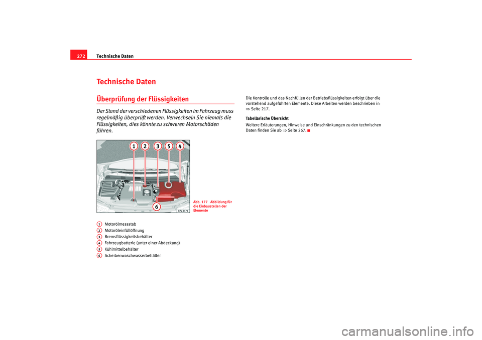Seat Alhambra 2009  Betriebsanleitung (in German) Technische Daten
272Te c h n i s c h e  D a t e nÜberprüfung der FlüssigkeitenDer Stand der verschiedenen Flüssigkeiten im Fahrzeug muss 
regelmäßig überprüft werden. Verwechseln Sie niemals d