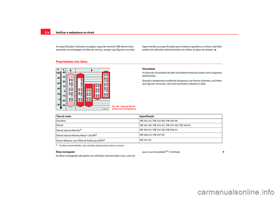 Seat Alhambra 2009  Manual do proprietário (in Portuguese)  Verificar e reabastecer os níveis
224As especificações indicadas na página seguinte (normas VW) devem estar 
presentes na embalagem do óleo de serviço; sempre que figurem na emba- lagem do óleo