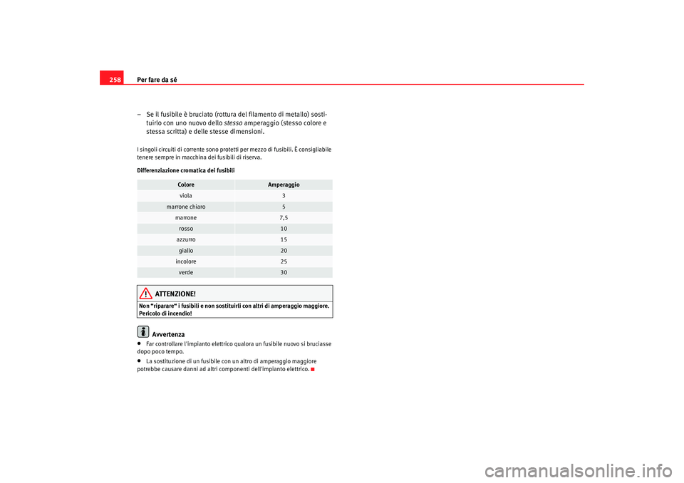 Seat Alhambra 2008  Manuale del proprietario (in Italian) Per fare da sé
258
– Se il fusibile è bruciato (rottura del filamento di metallo) sosti-tuirlo con uno nuovo dello  stesso amperaggio (stesso colore e 
stessa scritta) e delle stesse dimensioni.I 