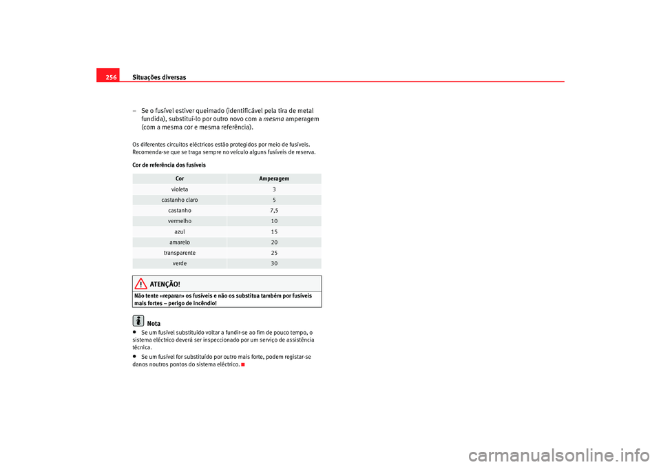 Seat Alhambra 2008  Manual do proprietário (in Portuguese)  Situações diversas
256
– Se o fusível estiver queimado (identificável pela tira de metal fundida), substituí-lo por outro novo com a  mesma amperagem 
(com a mesma cor e mesma referência).Os d
