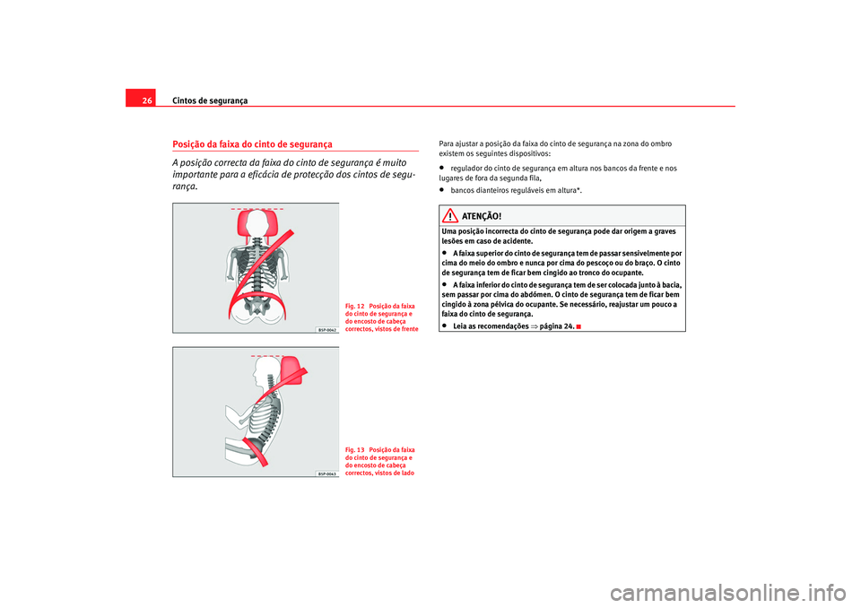 Seat Alhambra 2008  Manual do proprietário (in Portuguese)  Cintos de segurança
26Posição da faixa do cinto de segurança
A posição correcta da faixa do cinto de segurança é muito 
importante para a eficácia de protecção dos cintos de segu-
rança.
P