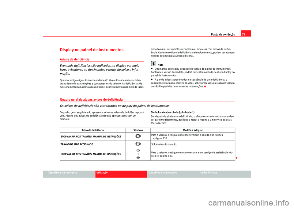 Seat Alhambra 2008  Manual do proprietário (in Portuguese)  Posto de condução71
Dispositivos de segurança
Utilização
Conselhos e Intervenções
Dados Técnicos
Display no painel de instrumentosAvisos de deficiência
Eventuais deficiências são indicadas 