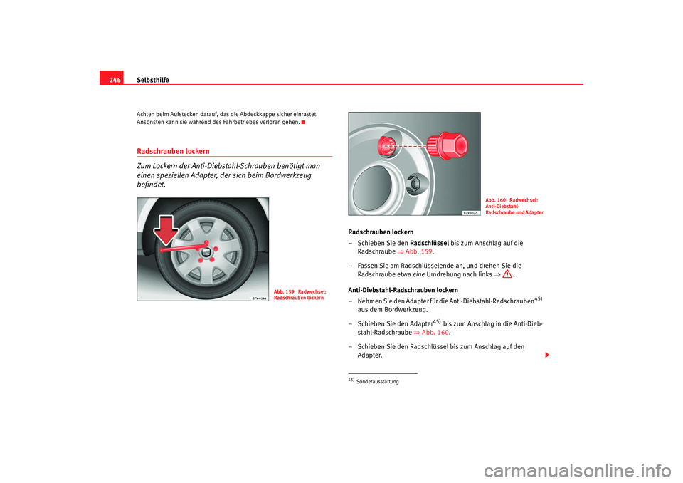 Seat Alhambra 2007  Betriebsanleitung (in German) Selbsthilfe
246Achten beim Aufstecken darauf, das die Abdeckkappe sicher einrastet. 
Ansonsten kann sie während des  Fahrbetriebes verloren gehen.Radschrauben lockern 
Zum Lockern der Anti-Diebstahl-