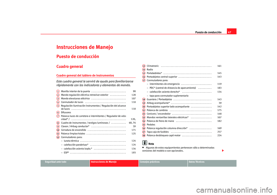 Seat Alhambra 2007 Manual del propietario (in Spanish) Puesto de conducción67
Seguridad ante todo
Instrucciones de Manejo
Consejos prácticos
Datos Técnicos
Instrucciones de ManejoPuesto de conducciónCuadro generalCuadro general del tablero de instrume Seat Alhambra 2007 Manual del propietario (in Spanish) Puesto de conducción67
Seguridad ante todo
Instrucciones de Manejo
Consejos prácticos
Datos Técnicos
Instrucciones de ManejoPuesto de conducciónCuadro generalCuadro general del tablero de instrume