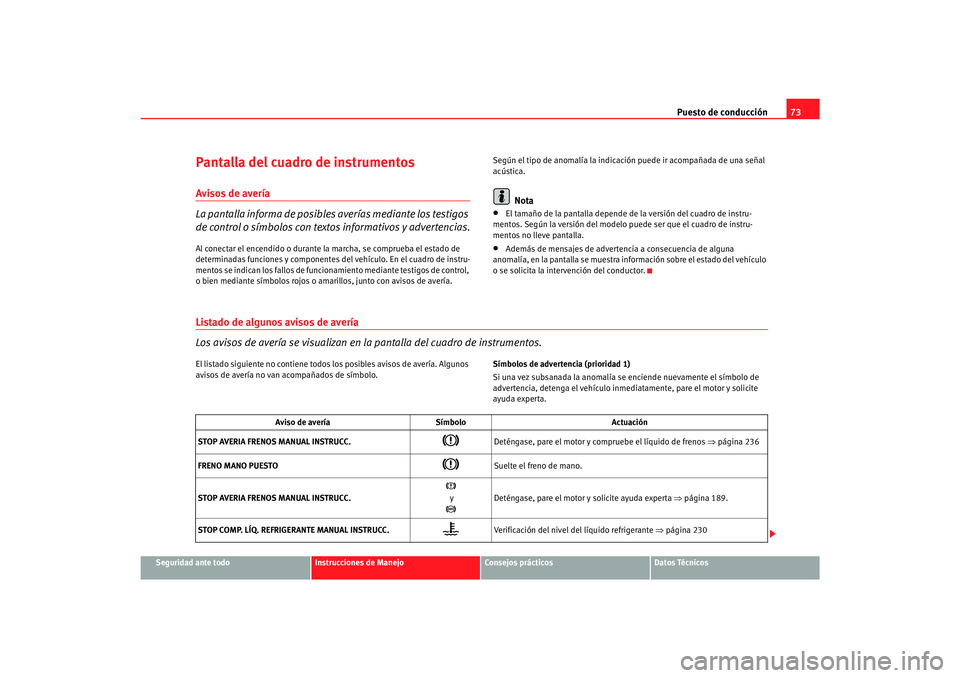 Seat Alhambra 2007  Manual del propietario (in Spanish) Puesto de conducción73
Seguridad ante todo
Instrucciones de Manejo
Consejos prácticos
Datos Técnicos
Pantalla del cuadro de instrumentosAvisos de avería
La pantalla informa de posibles  averías m
