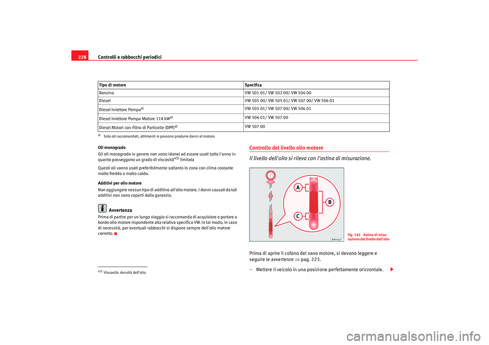Seat Alhambra 2007  Manuale del proprietario (in Italian) Controlli e rabbocchi periodici
228Oli monogrado
Gli oli monogrado in genere non sono idonei ad essere usati tutto lanno in 
quanto posseggono un grado di viscosità
43) limitata
Questi oli vanno usa