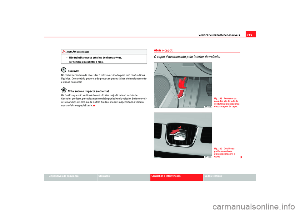 Seat Alhambra 2007  Manual do proprietário (in Portuguese)  Verificar e reabastecer os níveis 219
Dispositivos de segurança
Utilização
Conselhos e Intervenções
Dados Técnicos
−
Não trabalhar nunca próximo de chamas vivas.
− Ter sempre um extintor 