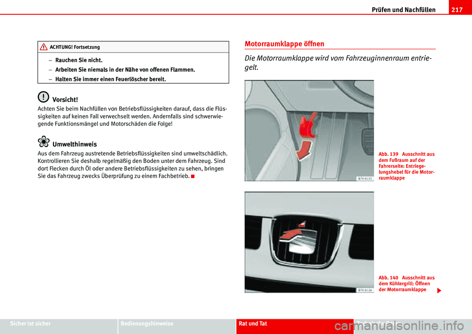 Seat Alhambra 2006  Betriebsanleitung (in German) Prüfen und Nachfüllen217
Sicher ist sicherBedienungshinweiseRat und TatTechnische Daten −Rauchen Sie nicht.
−Arbeiten Sie niemals in der Nähe von offenen Flammen.
−Halten Sie immer einen Feue