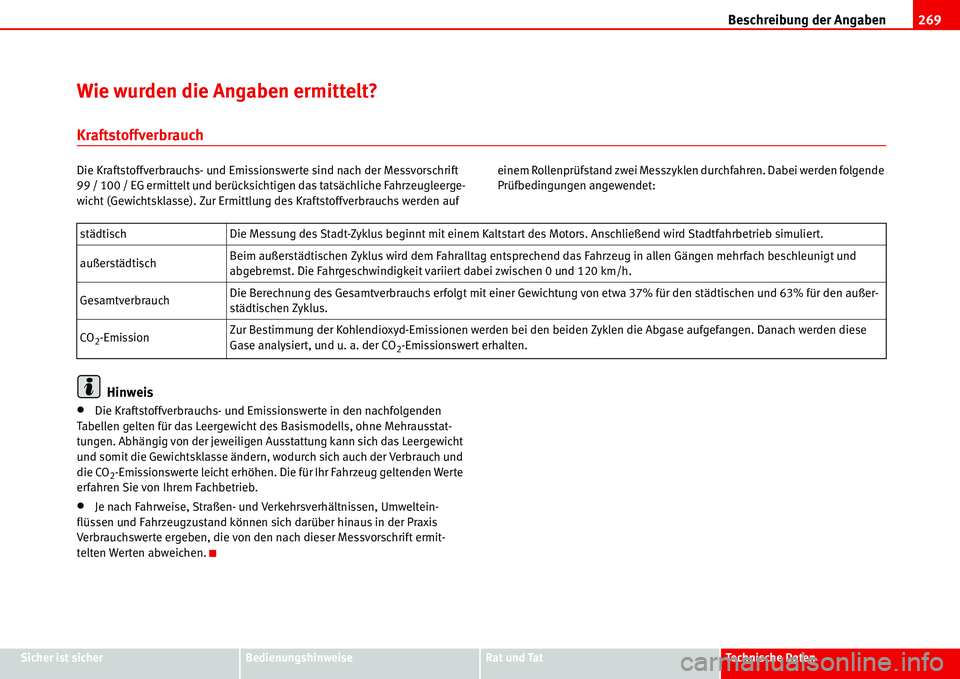 Seat Alhambra 2006  Betriebsanleitung (in German) Beschreibung der Angaben269
Sicher ist sicherBedienungshinweiseRat und TatTechnische Daten
Wie wurden die Angaben ermittelt?
Kraftstoffverbrauch
Die Kraftstoffverbrauchs- und Emissionswerte sind nach 