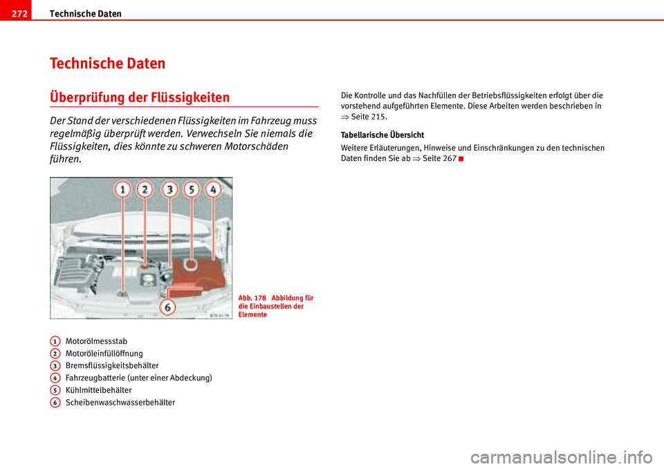 Seat Alhambra 2006  Betriebsanleitung (in German) Technische Daten 272
Technische Daten
Überprüfung der Flüssigkeiten
Der Stand der verschiedenen Flüssigkeiten im Fahrzeug muss 
regelmäßig überprüft werden. Verwechseln Sie niemals die 
Flüss