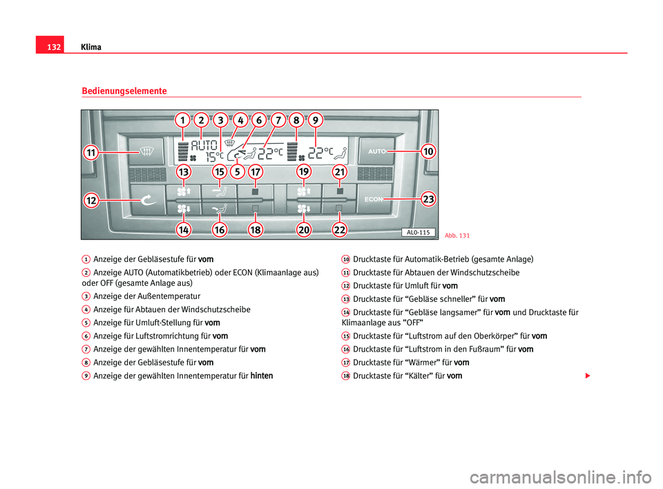 Seat Alhambra 2005 Betriebsanleitung (in German) Klima132
1Anzeige der Gebläsestufe für v vo
or
rn
n
2Anzeige AUTO (Automatikbetrieb) oder ECON (Klimaanlage aus)
oder OFF (gesamte Anlage aus)
3Anzeige der Außentemperatur
4Anzeige für Abtauen der Seat Alhambra 2005 Betriebsanleitung (in German) Klima132
1Anzeige der Gebläsestufe für v vo
or
rn
n
2Anzeige AUTO (Automatikbetrieb) oder ECON (Klimaanlage aus)
oder OFF (gesamte Anlage aus)
3Anzeige der Außentemperatur
4Anzeige für Abtauen der
