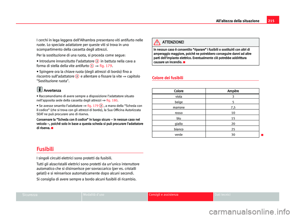 Seat Alhambra 2005 Manuale del proprietario (in Italian) 215 All’altezza della situazione
SicurezzaModalità d'uso Consigli e assistenza Dati tecnici
I cerchi in lega leggera dell’Alhambra presentano viti antifurto nelle
ruote. Lo speciale adattator Seat Alhambra 2005 Manuale del proprietario (in Italian) 215 All’altezza della situazione
SicurezzaModalità d'uso Consigli e assistenza Dati tecnici
I cerchi in lega leggera dell’Alhambra presentano viti antifurto nelle
ruote. Lo speciale adattator