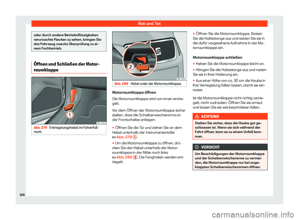 Seat Arona 2020  Betriebsanleitung (in German) Rat und Tat
oder durch andere Betriebsflüssigkeiten
v
erursacht
e Flecken zu sehen, bringen Sie
das Fahrzeug zwecks Überprüfung zu ei-
nem Fachbetrieb. 