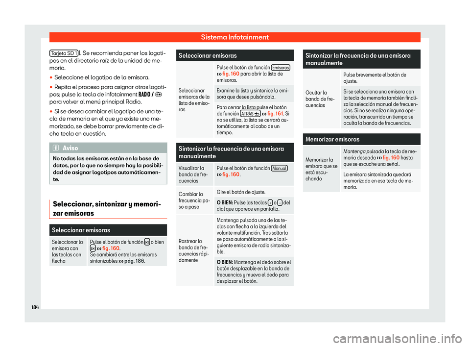 Seat Arona 2020  Manual del propietario (in Spanish) Sistema Infotainment
Tarjeta SD 1 ). Se recomienda poner los logoti-
pos en el dir ect
orio r a