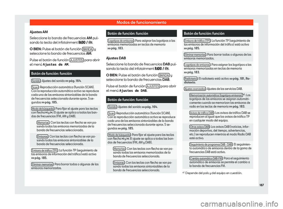 Seat Arona 2020  Manual del propietario (in Spanish) Modos de funcionamiento
Ajustes AM
Sel eccione l
a banda de fr ecuencias 
AM
 pul-
sando la tecla del infotainment ����� � �.
O BIEN: Pulse el bot