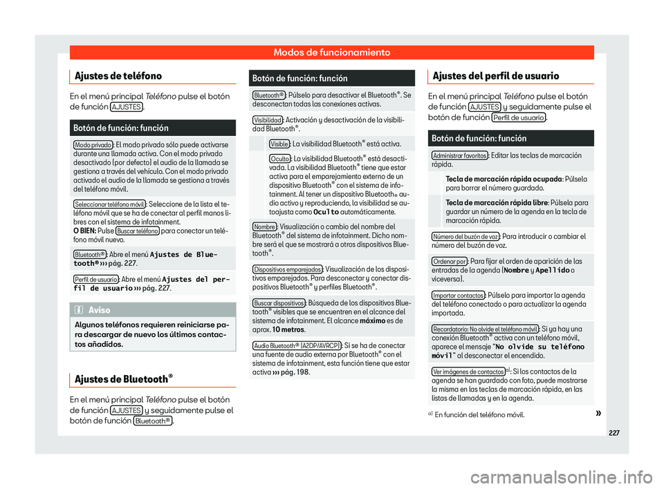 Seat Arona 2020  Manual del propietario (in Spanish) Modos de funcionamiento
Ajustes de tel