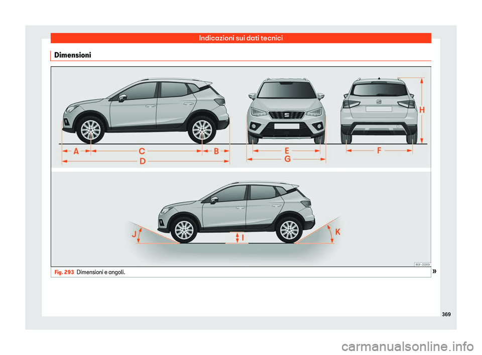 Seat Arona 2020  Manuale del proprietario (in Italian) Indicazioni sui dati tecnici
Dimensioni Fig. 293
Dimensioni e angoli. » 369 