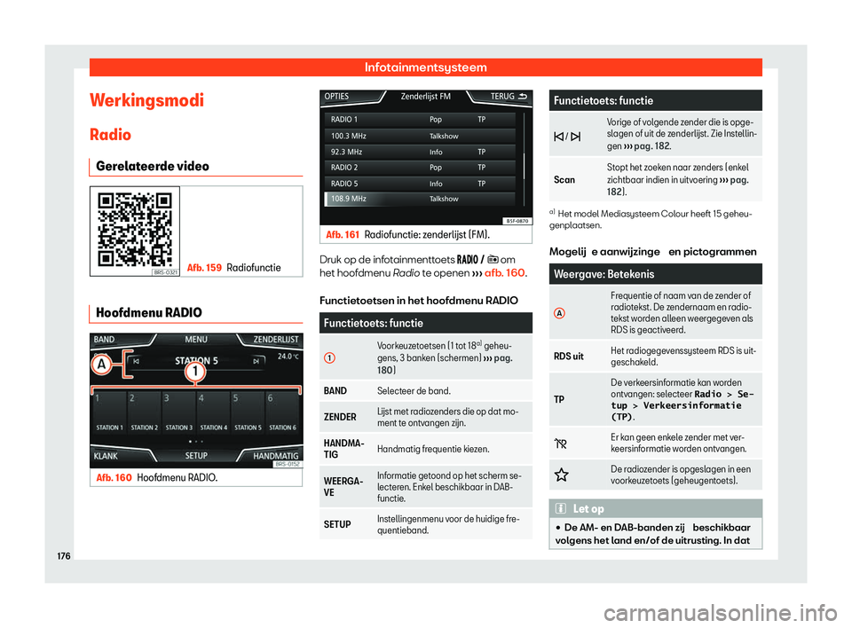 Seat Arona 2020  Handleiding (in Dutch) Infotainmentsysteem
Werkingsmodi R adio
Ger
elateerde video Afb. 159
Radiofunctie Hoofdmenu RADIO
Afb. 160
Hoofdmenu RADIO. Afb. 161
Radiofunctie: z enderl