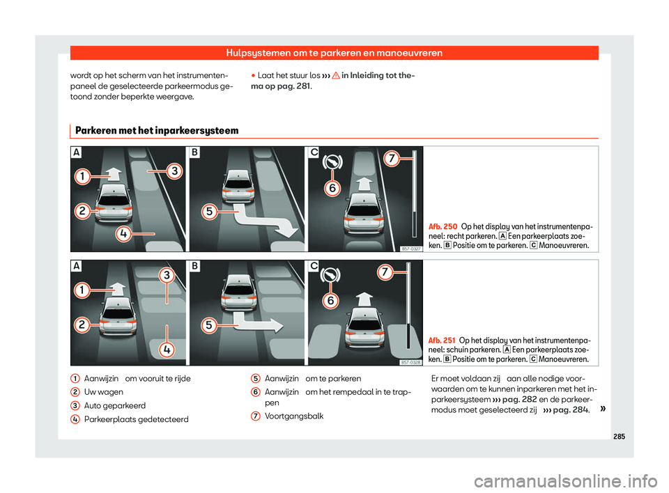 Seat Arona 2020  Handleiding (in Dutch) Hulpsystemen om te parkeren en manoeuvreren
wordt op het scherm van het instrumenten-
paneel de gesel ect
eerde parkeermodus ge-
toond zonder beperkte weergave. 