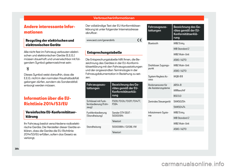 Seat Arona 2019  Betriebsanleitung (in German) Verbraucherinformationen
Andere interessante Infor-
mationen R ecycling der el
ektrischen und
el ektr
onischen Ger
