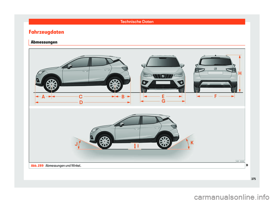 Seat Arona 2019  Betriebsanleitung (in German) Technische Daten
Fahrzeugdaten Abmessungen Abb. 289 
Abmessungen und Winkel. 