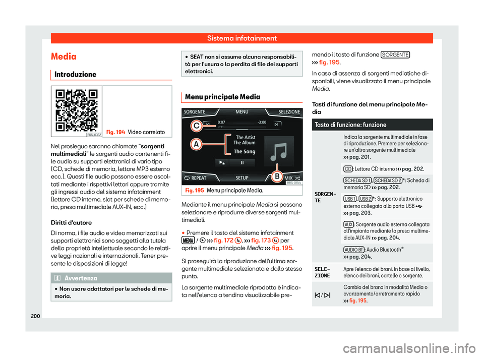 Seat Arona 2019  Manuale del proprietario (in Italian) Sistema infotainment
Media Intr oduzione Fig. 194
Video correlato Nel prosieguo saranno chiamate “sor
genti
multimediali ” l
e sorgenti audio contenenti fi-
le audio su supporti elettronici di var