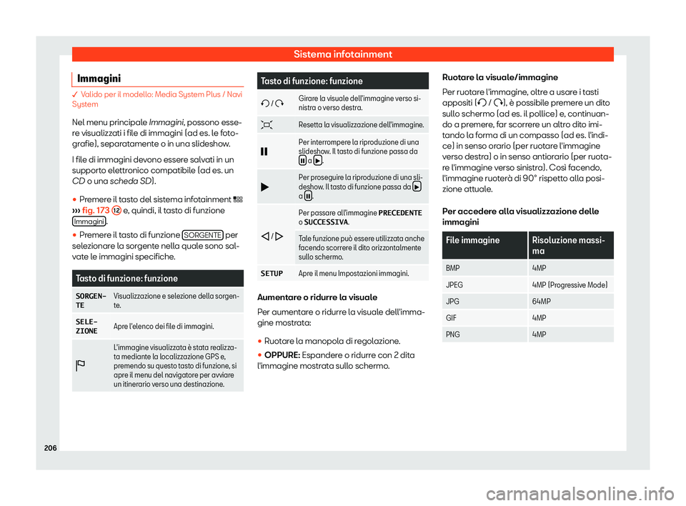 Seat Arona 2019  Manuale del proprietario (in Italian) Sistema infotainment
Immagini � Valido per il modello: Media System Plus / Navi
Syst
em
Nel menu principal
e Immagini, possono esse-
re visualizzati i file di immagini (ad es. le foto-
grafie), separ