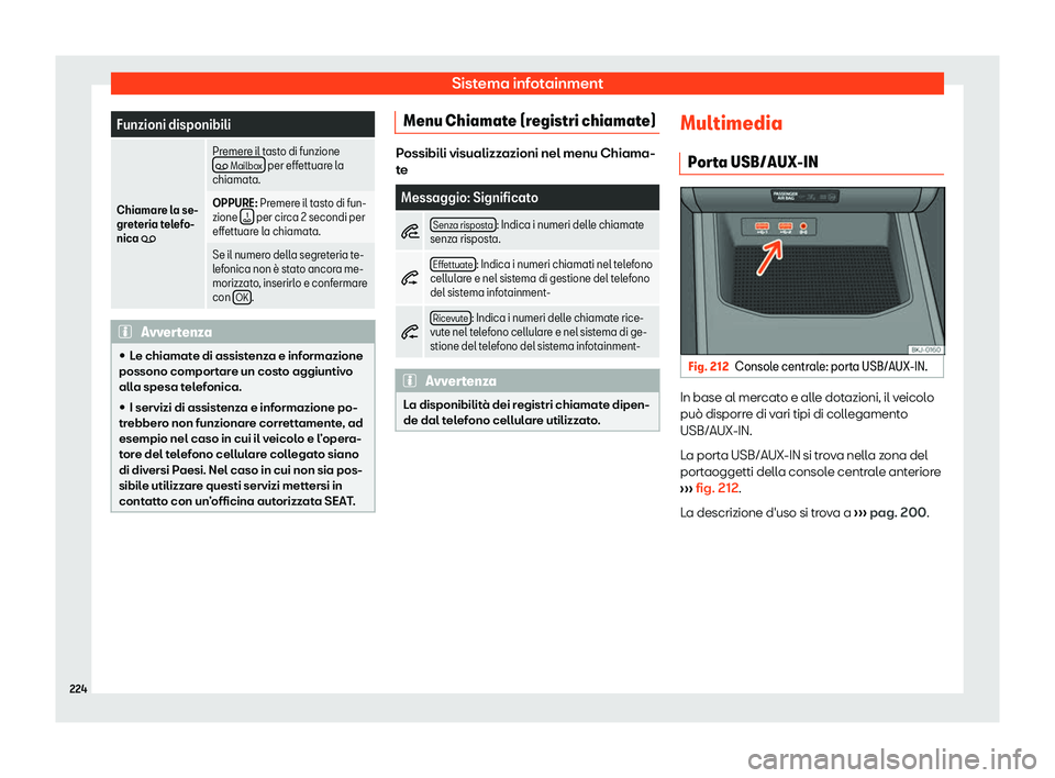Seat Arona 2019  Manuale del proprietario (in Italian) Sistema infotainment
Funzioni disponibili
Chiamare la se-
gret eria t
elefo-
nica � Premere il tasto di funzione
�  Mailbox  per effettuare la
chiamata.
OPPURE: Pr

emere il tasto di fun-
zione 
