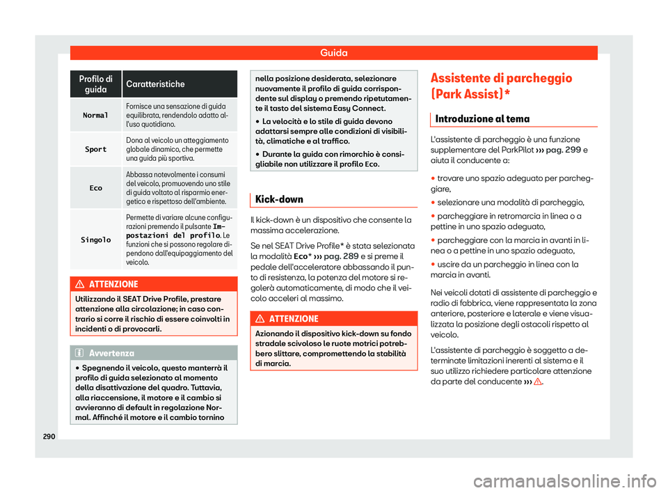 Seat Arona 2019  Manuale del proprietario (in Italian) Guida
Profilo di
guida Caratteristiche
�N�o�r�m�a�l Fornisce una sensazione di guida
equilibrat
a, r
endendolo adatto al-
l