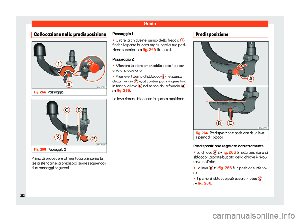 Seat Arona 2019  Manuale del proprietario (in Italian) Guida
Collocazione nella predisposizione Fig. 264
Passaggio 1 Fig. 265
Passaggio 2 Prima di procedere al montaggio, inserire la
t
est
a sf
erica nella predisposizione seguendo i
due passaggi seguenti.