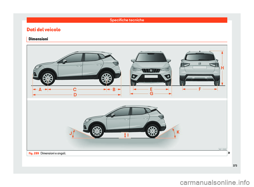 Seat Arona 2019  Manuale del proprietario (in Italian) Specifiche tecniche
Dati del veicolo Dimensioni Fig. 289
Dimensioni e angoli. 