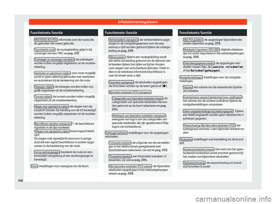 Seat Arona 2019  Handleiding (in Dutch) Infotainmentsysteem
Functietoets: functie
  MEESTGEB. ROUTES : informatie over de routes die
de gebruiker het meest gebruikt.
  Dynamische r out
e : de routegeleiding gr