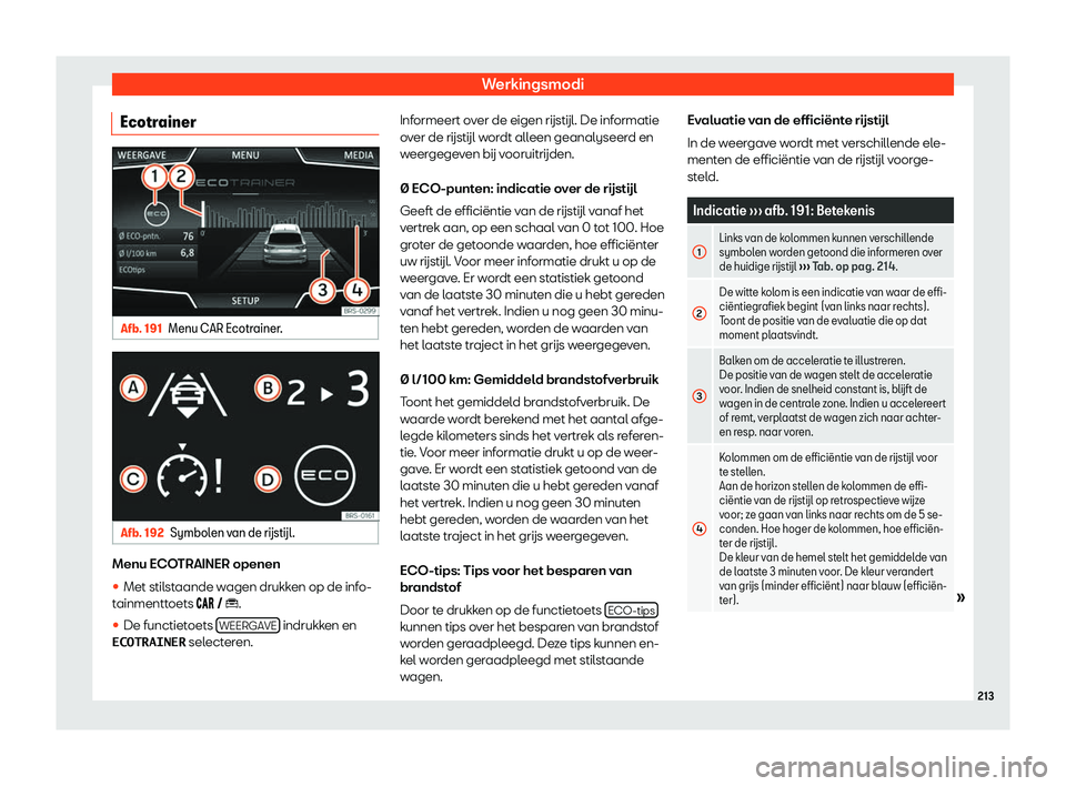 Seat Arona 2019  Handleiding (in Dutch) Werkingsmodi
Ecotrainer Afb. 191
Menu CAR Ecotrainer. Afb. 192
Symbolen van de r