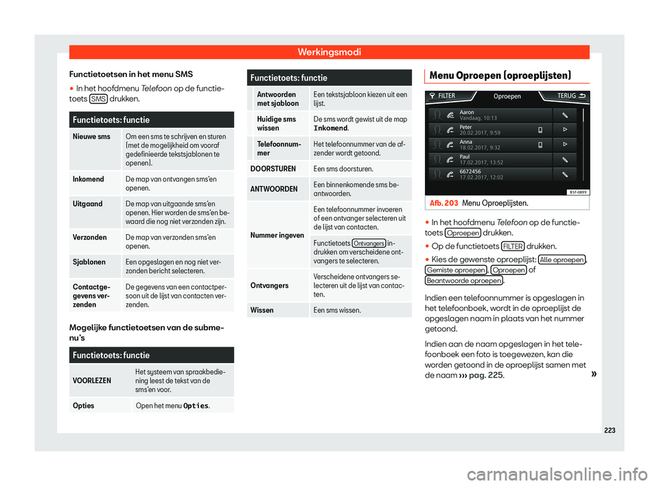 Seat Arona 2019  Handleiding (in Dutch) Werkingsmodi
Functietoetsen in het menu SMS
